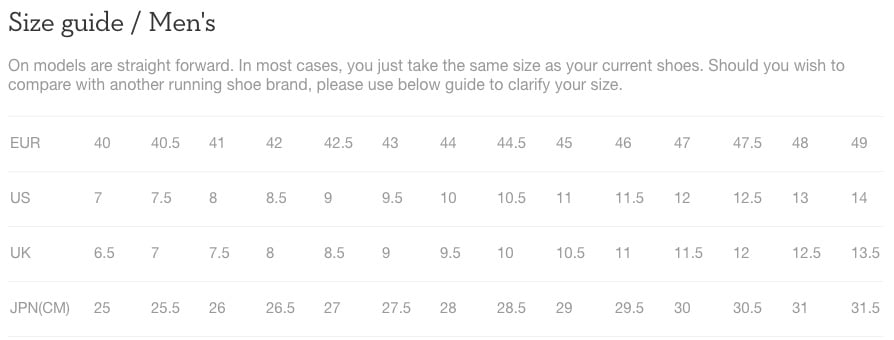 Size guide for men's shoes with conversion chart from EUR, US, and UK.