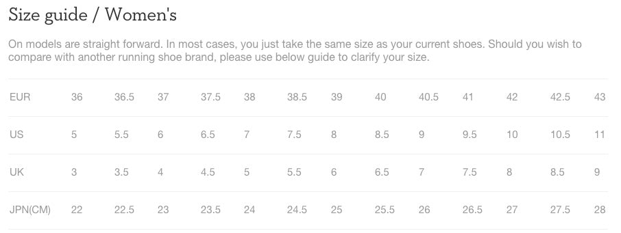 Size guide for women's shoes with various measurement systems.