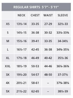 Size chart for regular shirts with measurements in inches and centimeters.