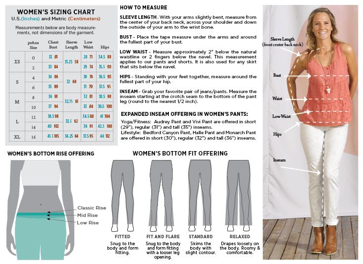Sizing chart and fitting guide for women's clothing with a model wearing a pink top and white pants.
