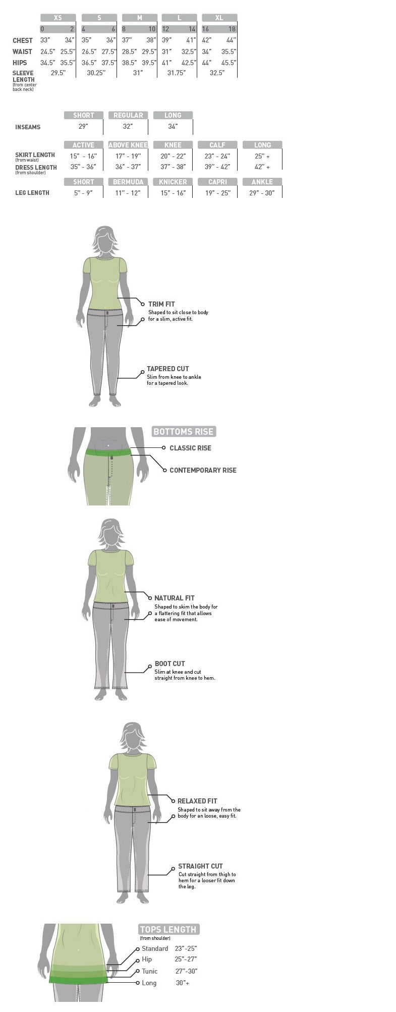 Chart showing body measurements for women with illustrations of a woman in various poses.