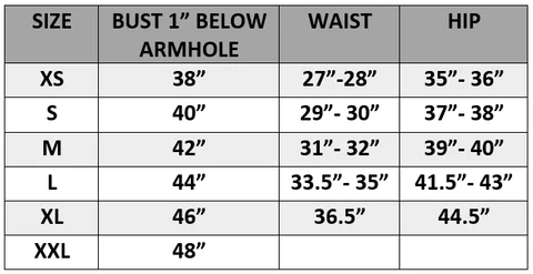 Size chart for clothing measurements including bust, waist, and hip dimensions.