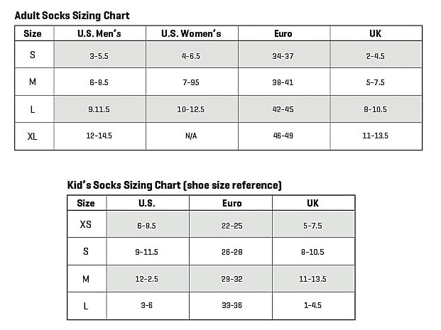 Sizing chart for adult and kids' socks with U.S., Women's, Euro, and UK measurements.