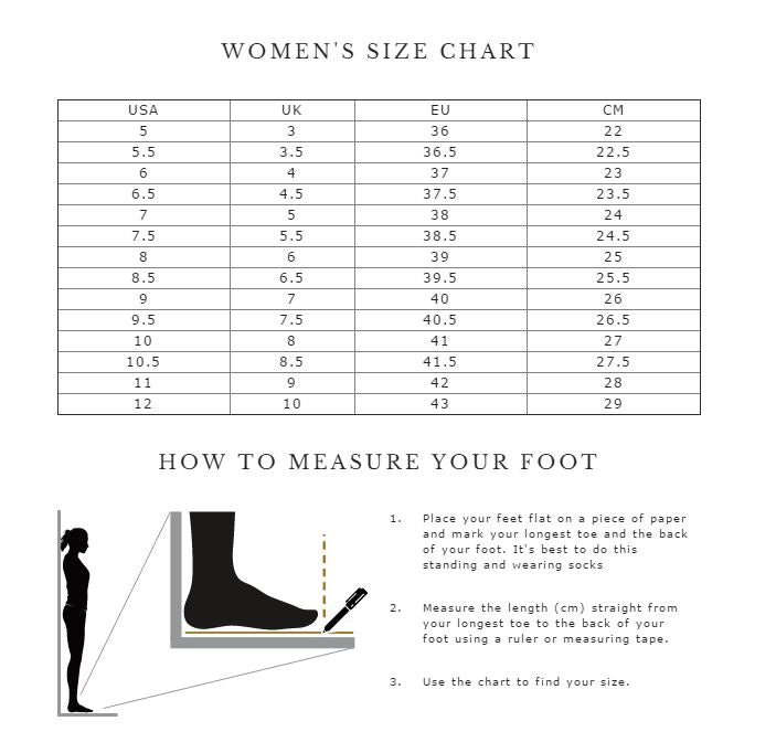 Women's size chart with measurement instructions on a white background