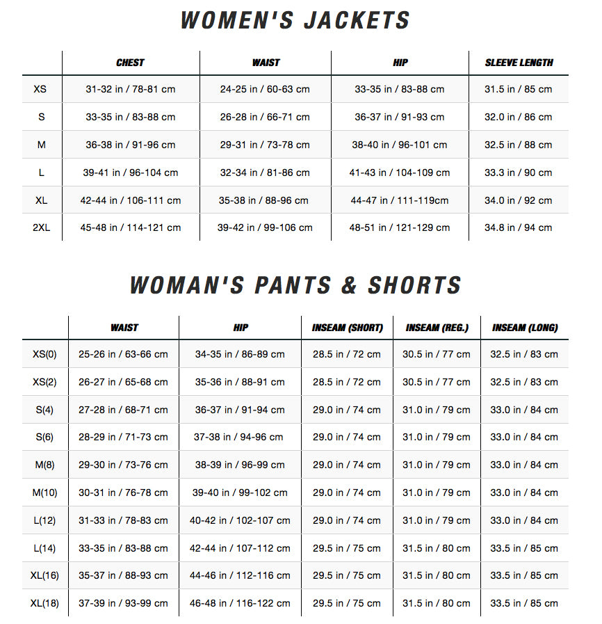 Size chart for women's jackets and pants on a white background
