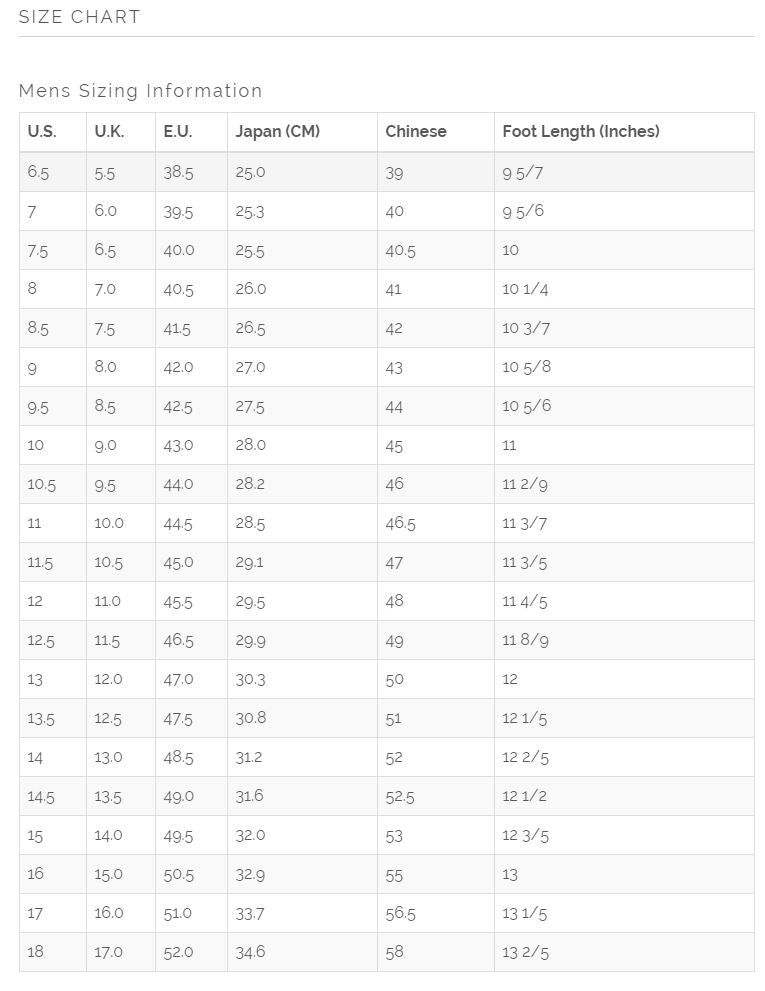 Mens sizing chart with various measurement columns
