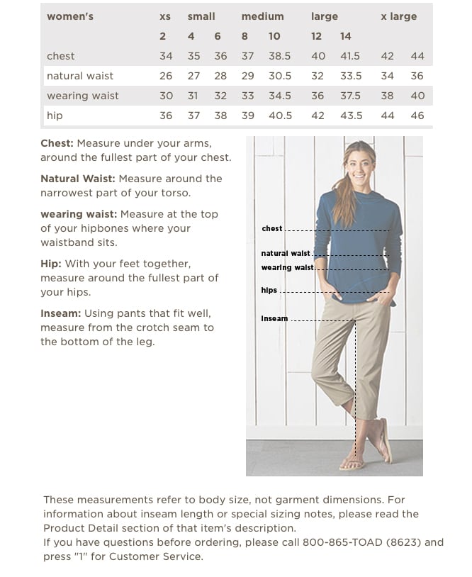 Size chart for women's clothing with measurements and a model wearing the garment.