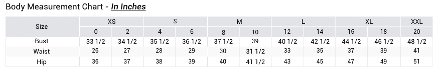 Body measurement chart in inches for various sizes.
