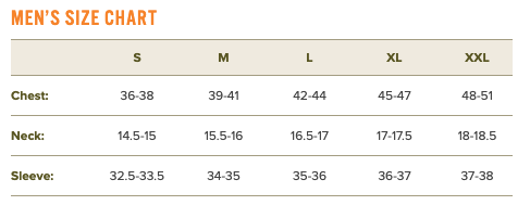 Men's size chart for chest, neck, and sleeve measurements.