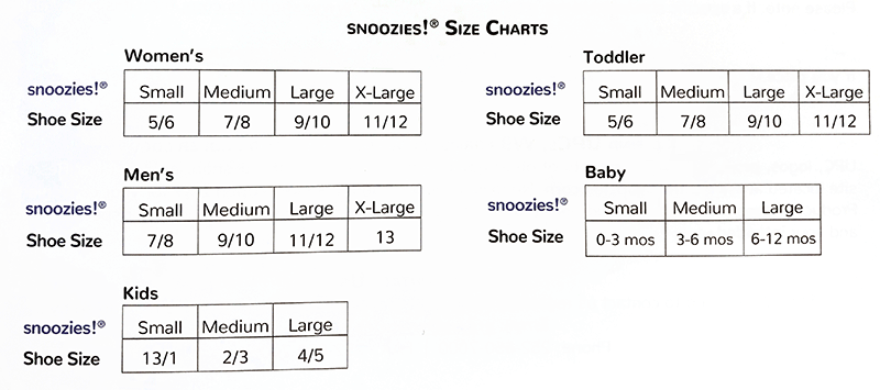 Snoozies size chart for women, toddler, men, baby, and kids on a white background.