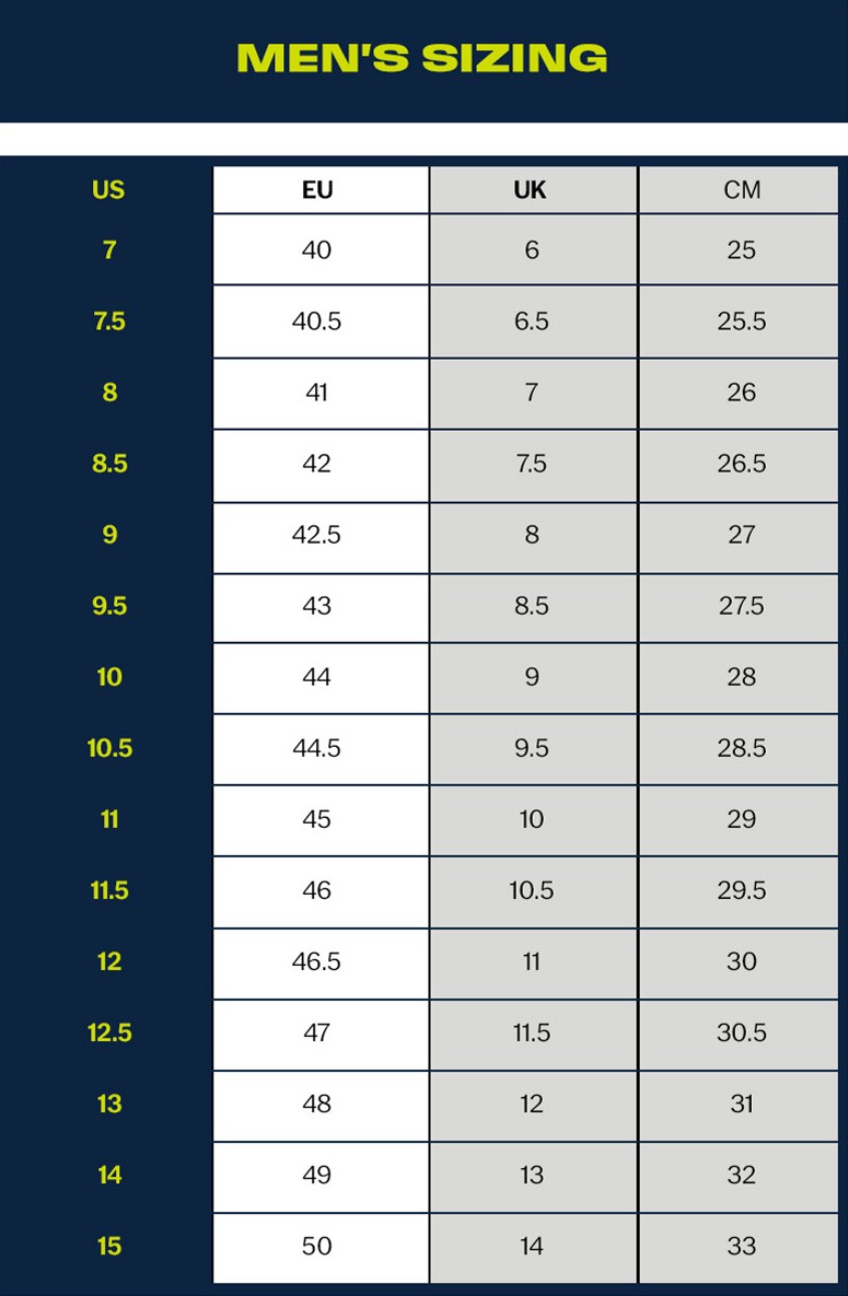 Men's size chart showing numeric shoe sizes for US and conversions for EU, UK and CM.