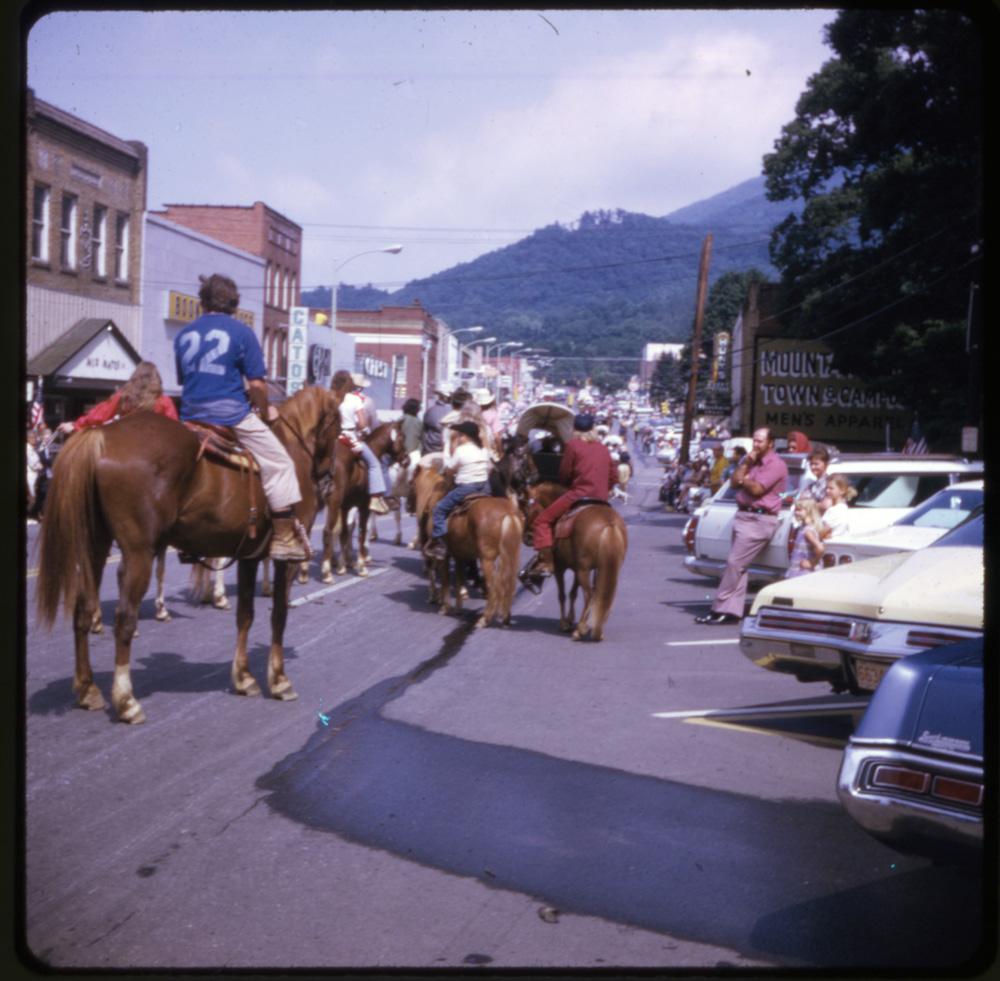 Mast Store in Downtown Boone during the Daniel Boone Wagon Train, Mountaineer Town and Campus, ca. 1971