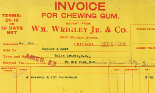 Wrigley Gum Invoice from 1905