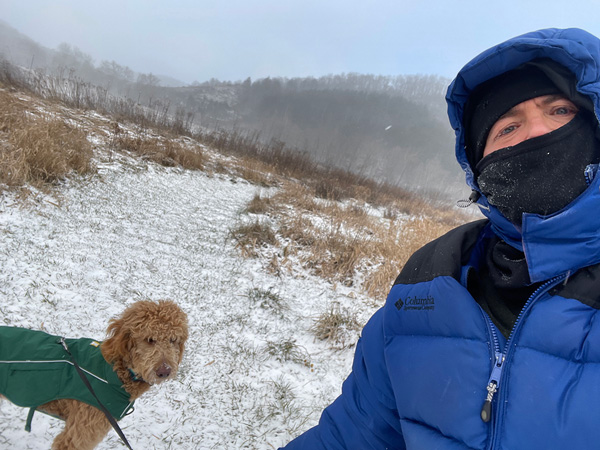 Hiking with a dog in the snow