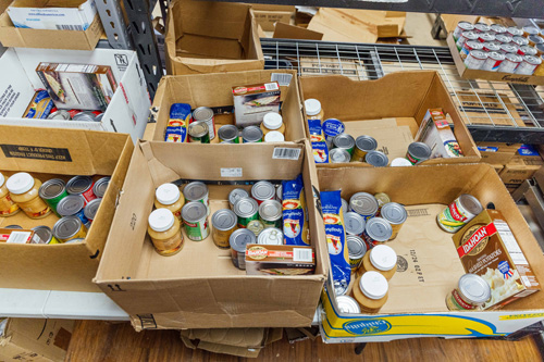 Boxes packed with shelf-stable food