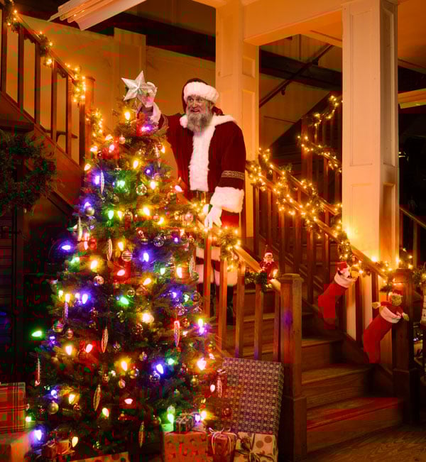 Santa places the star on the tree