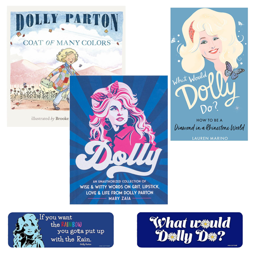 Dolly Parton books and metal signs