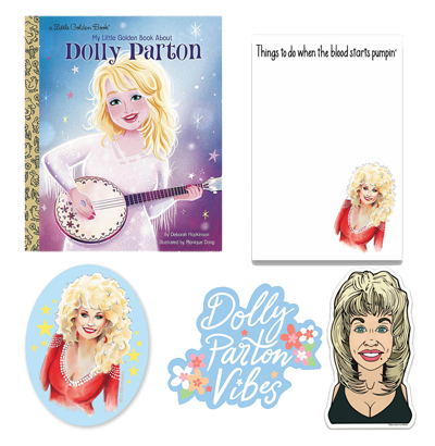 Dolly Parton book, notepad, and stickers