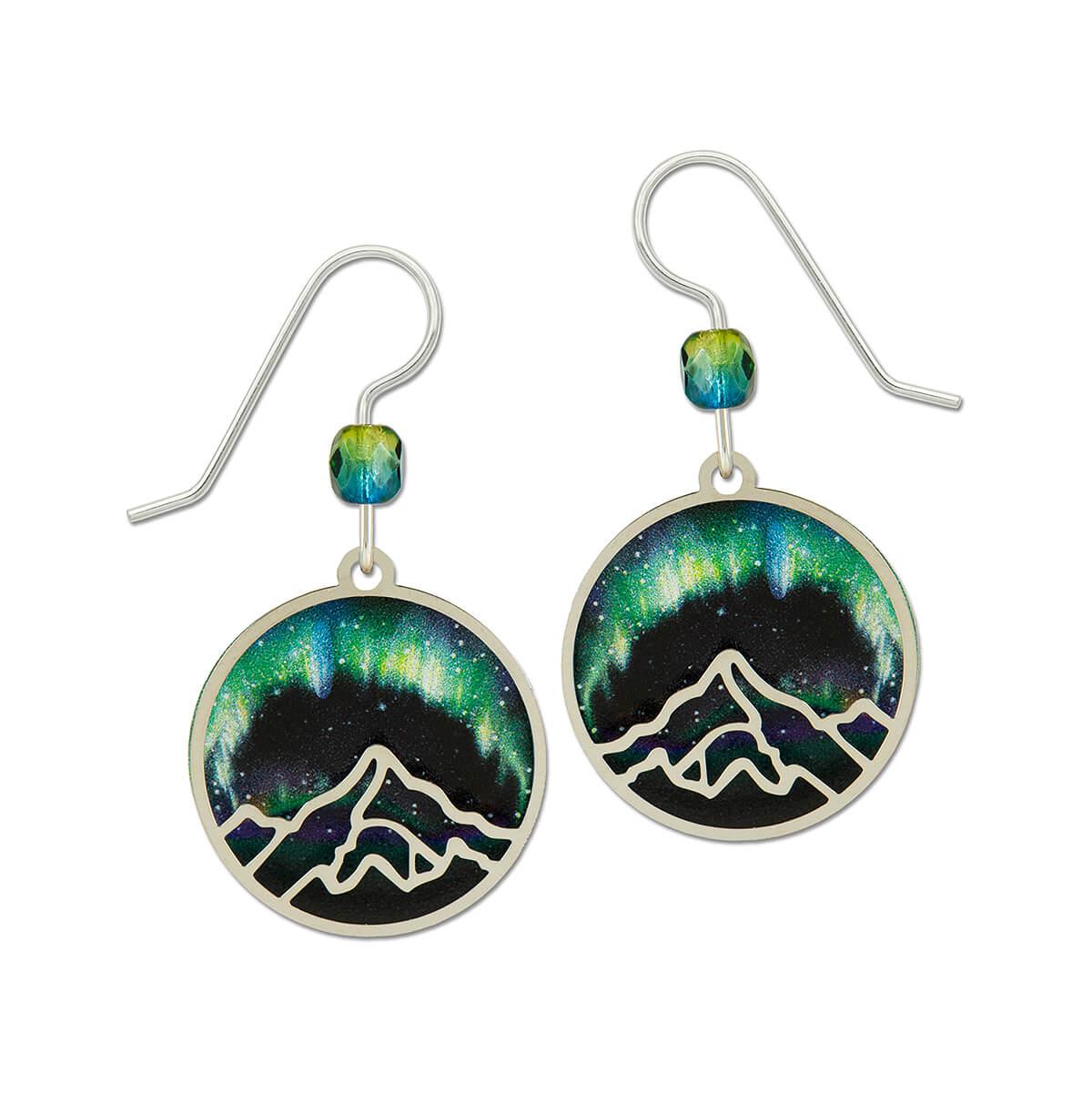  Shiny Silver Tone Mountain Over Aurora Polar Lights Print Disc Earrings