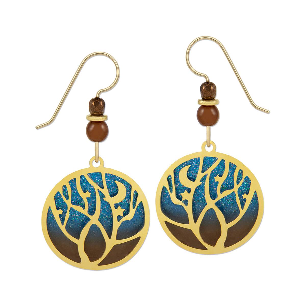  Round Blue & Brown With Gold Trees Over Night Sky Overlay Earrings