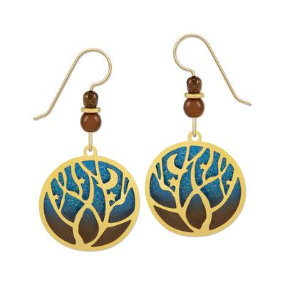 Round Blue & Brown with Gold Trees Over Night Sky Overlay Earrings