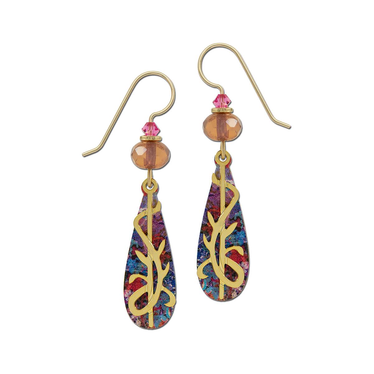  Colorful Long Teardrop With Shiny Gold Plated Vines Overlay Earrings