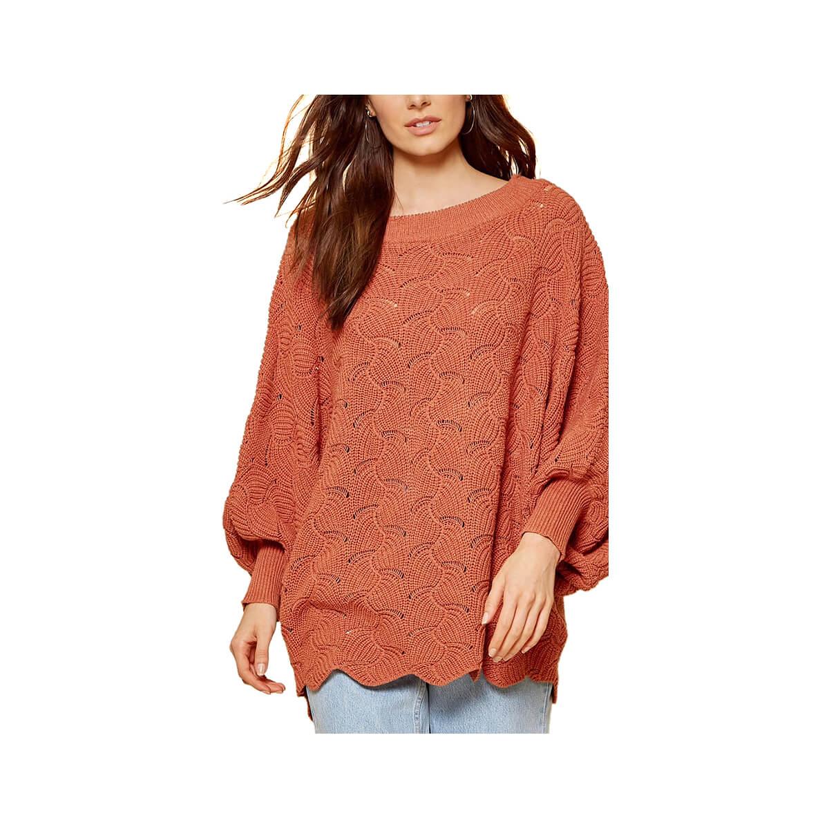  Women's Patterned Pointelle Solid Long Sleeve Sweater