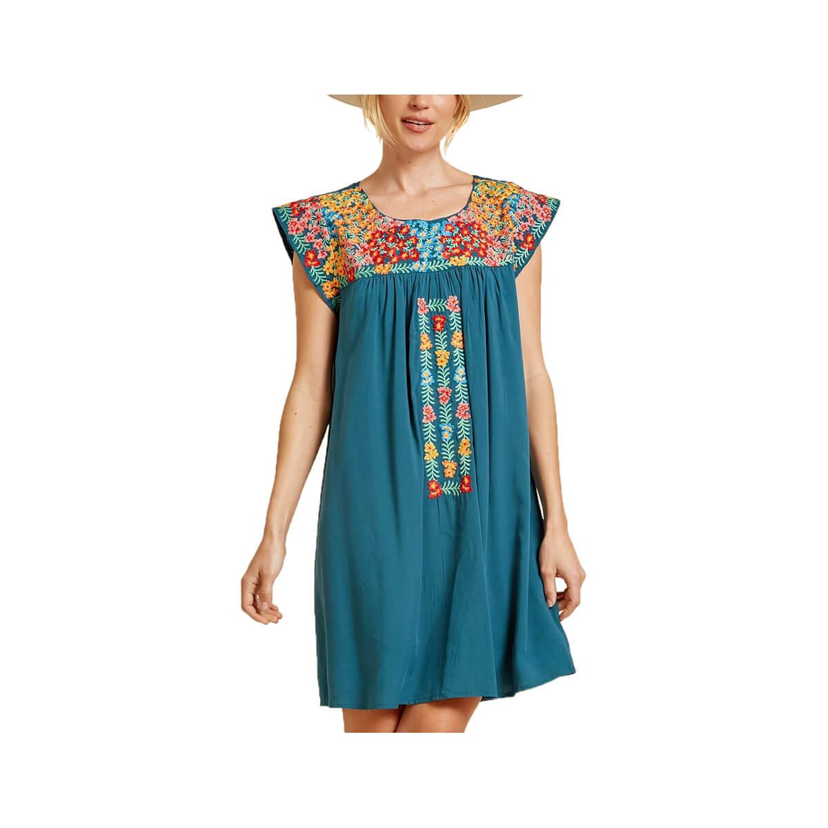  Women's Embroidered Square Neck Dolman Sleeve Dress