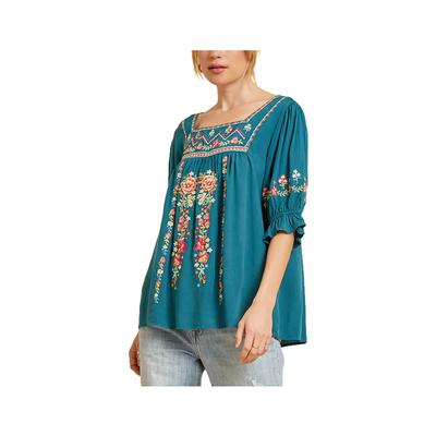 Women's Embroidered Square Neck Elbow Length Sleeve Top