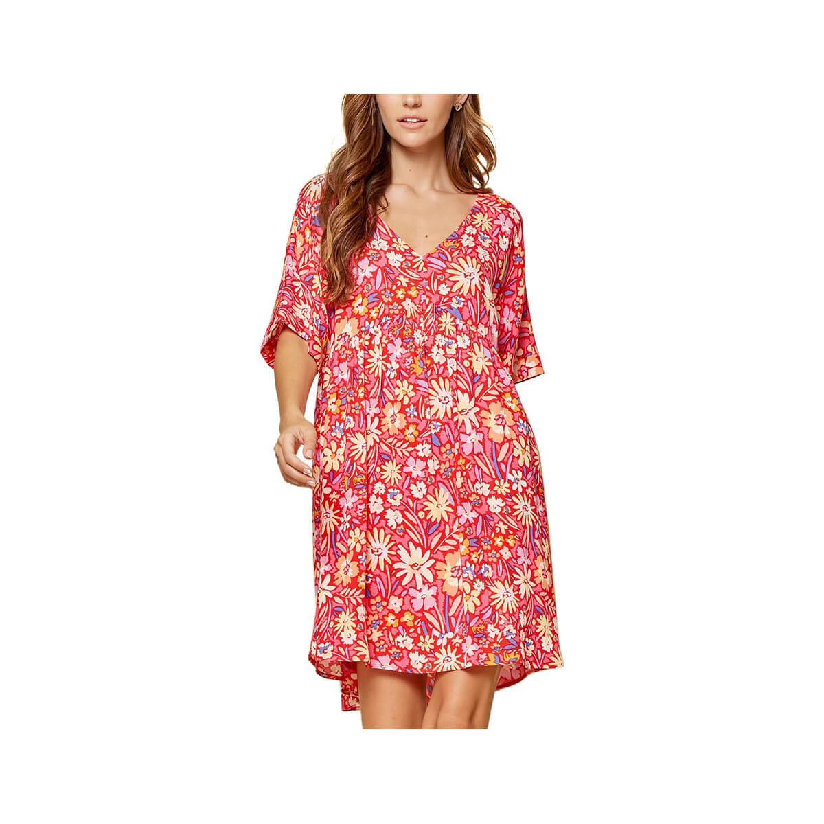  Women's Floral V Neck Elbow Length Sleeve Baby Doll Dress