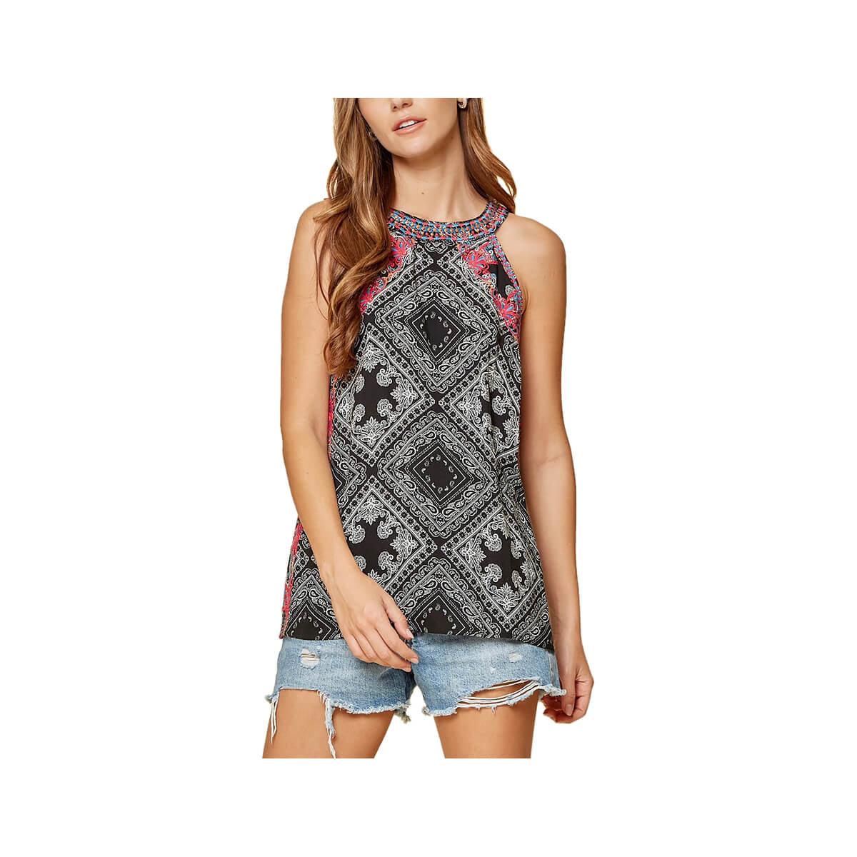  Women's Embroidered Sleeveless Print Top