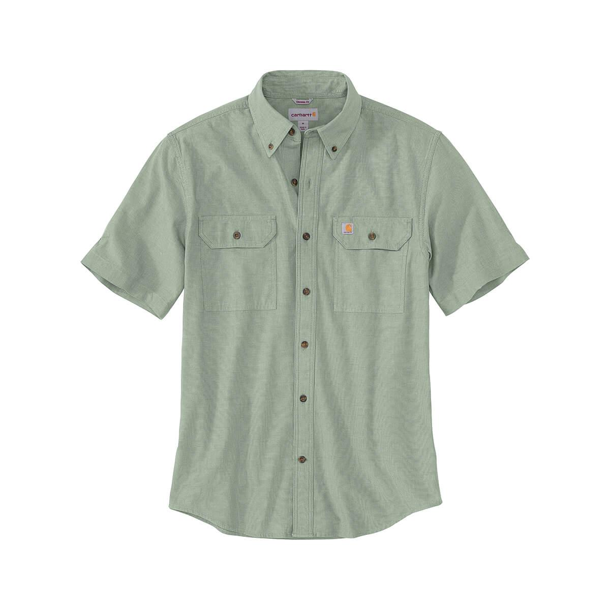  Men's Loose Fit Chambray Solid Short Sleeve Button Up Shirt