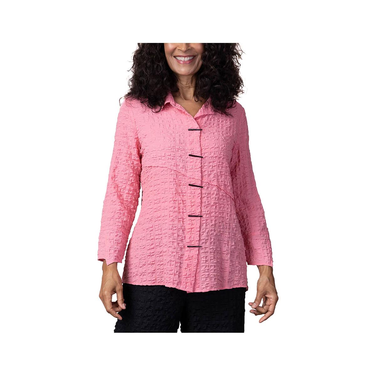  Women's Pucker Weave Piano Long Sleeve Button Shirt