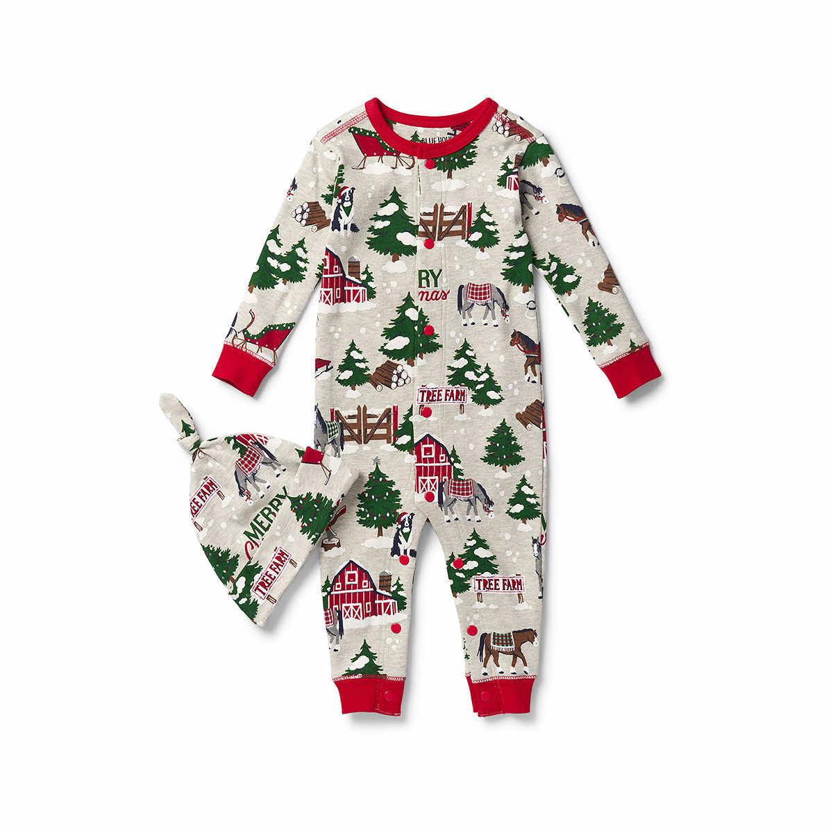 Baby's Christmas Tree Farm Bodysuit Pajamas With Hat