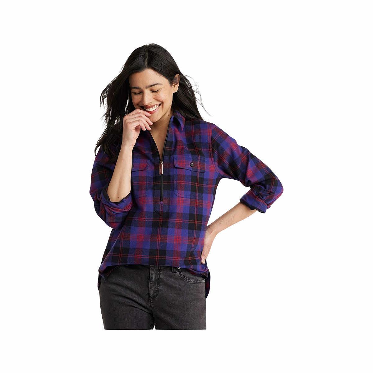 Women's Scotch Plaid Flannel Quarter Zip Long Sleeve Shirt