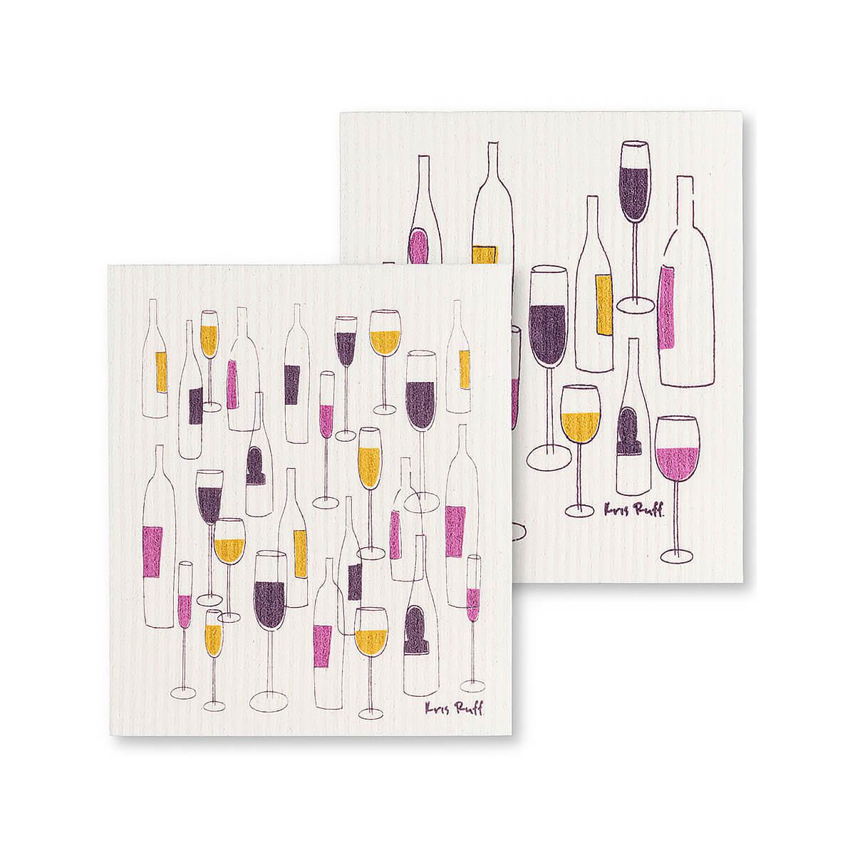  Swedish Wine Bottles And Glasses Dishcloths - 2 Pack