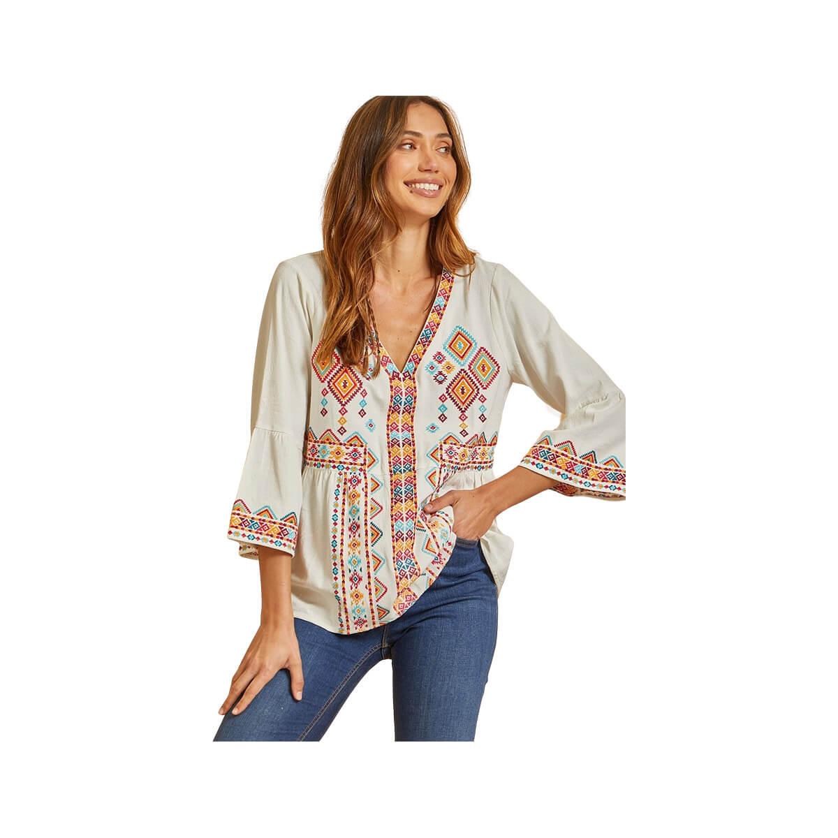  Women's Ivory Embroidered 3/4- Sleeve Top