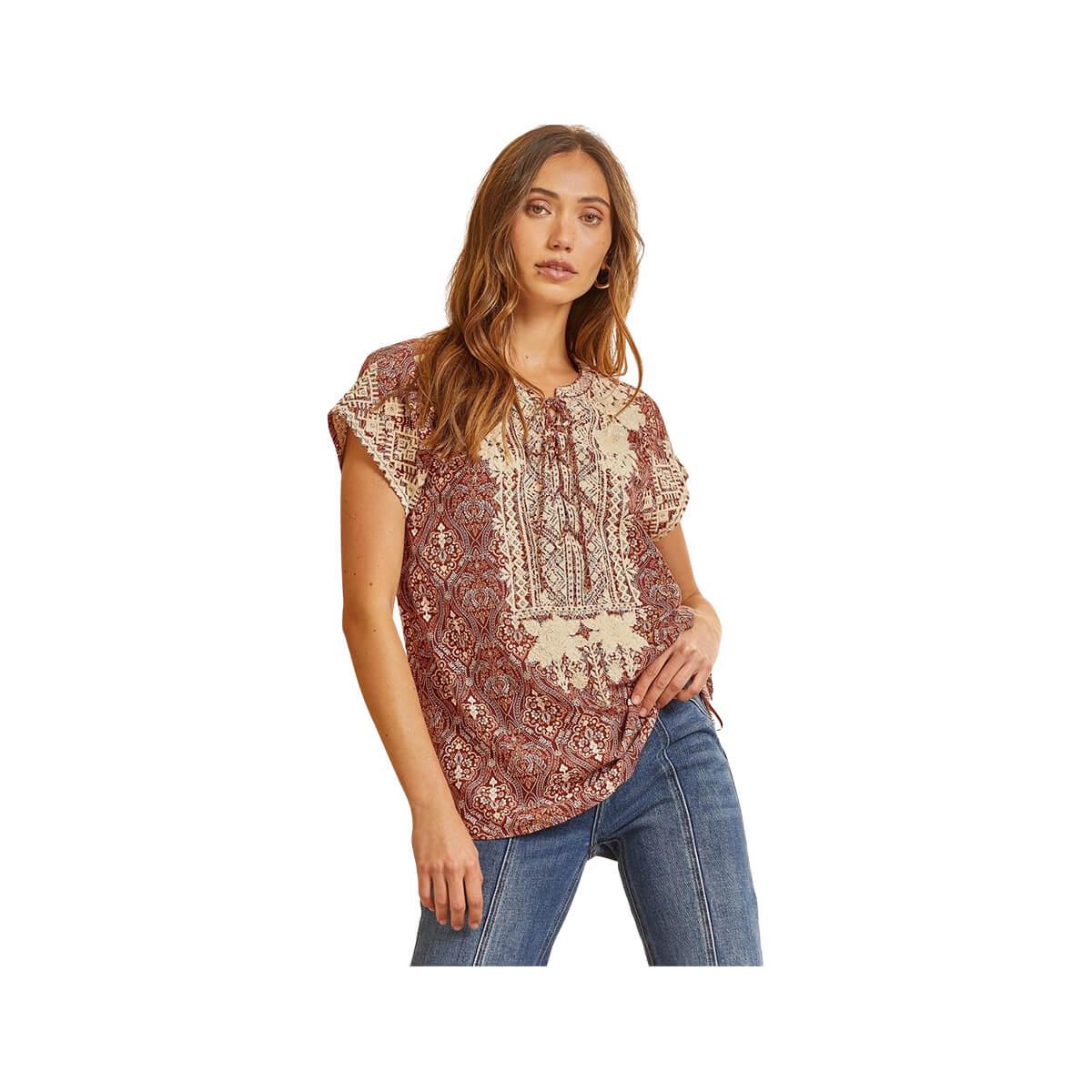  Women's Rust Print Short Sleeve Embroidered Top