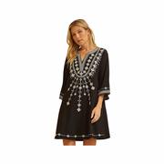 Women's Embroidered 3/4-Sleeve Dress: BLACK