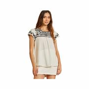 Women's Embroidered Short Sleeve Top: IVORY_BLACK