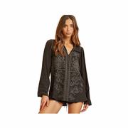 Women's Roll Sleeve Embroidered Top - Curvy: BLACK
