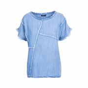 Women's Pieced Fray Edge Short Sleeve Top: BLUE