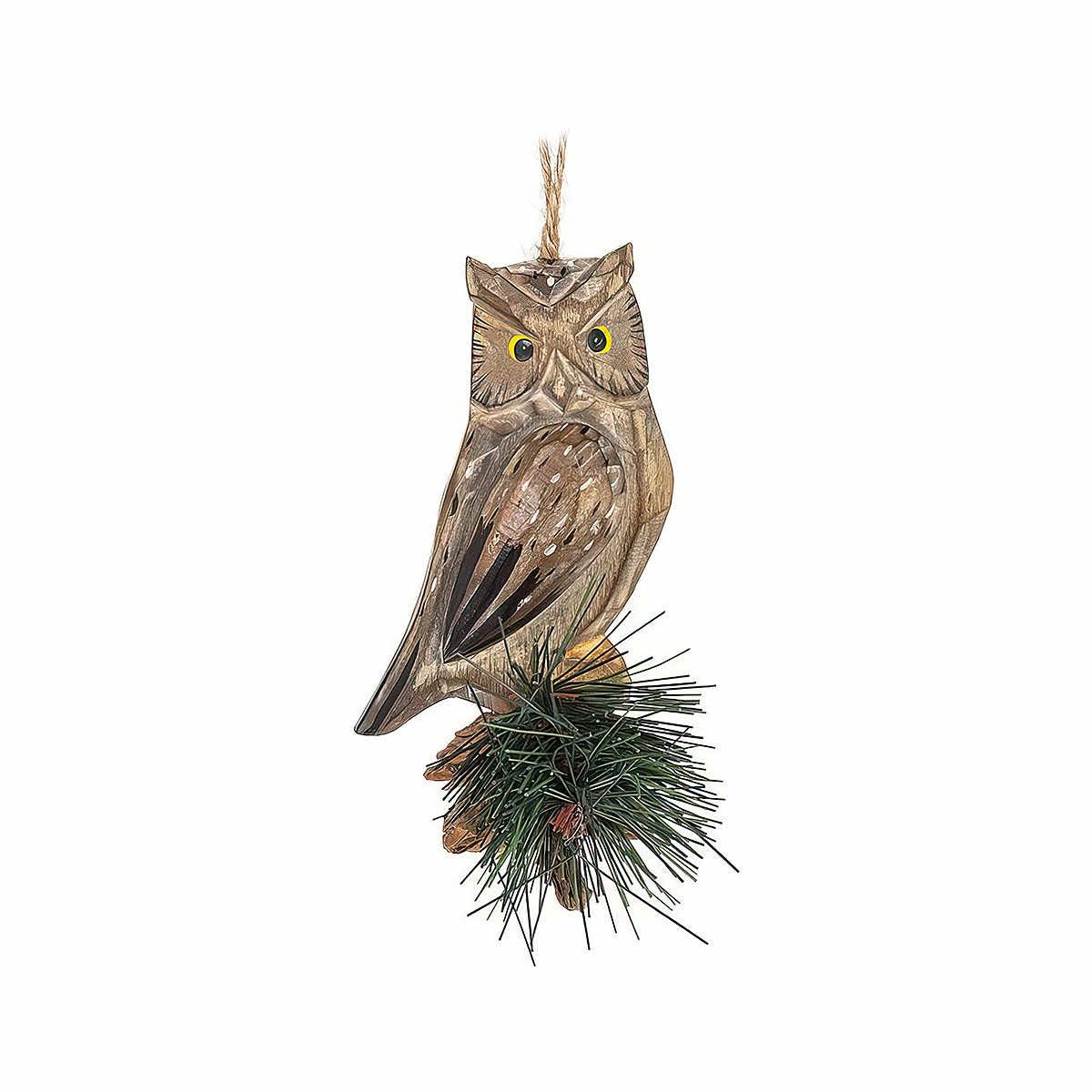  Owl On Pine Carved Ornament