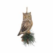 Owl on Pine Carved Ornament: WHITE,TAN