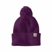 Women's Knit Pom-Pom Cuffed Beanie: V65_EGGPLANT