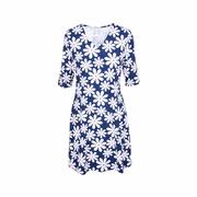 Women's V-Neck Elbow Sleeve Travel Dress: NAVY_DAISY_DSYN
